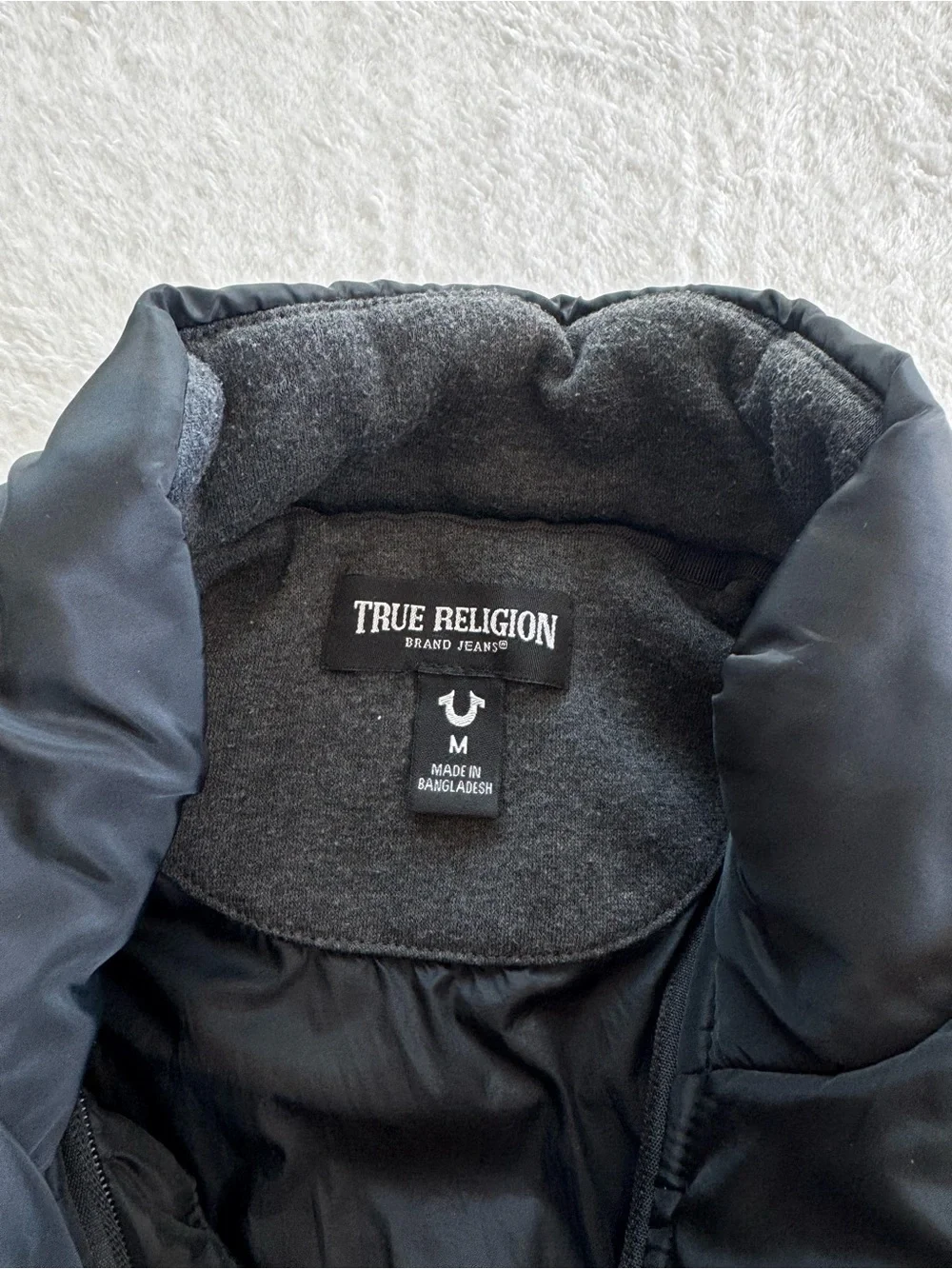 True Religion Black Quilted Puffer Vest with Gray Hood Lining